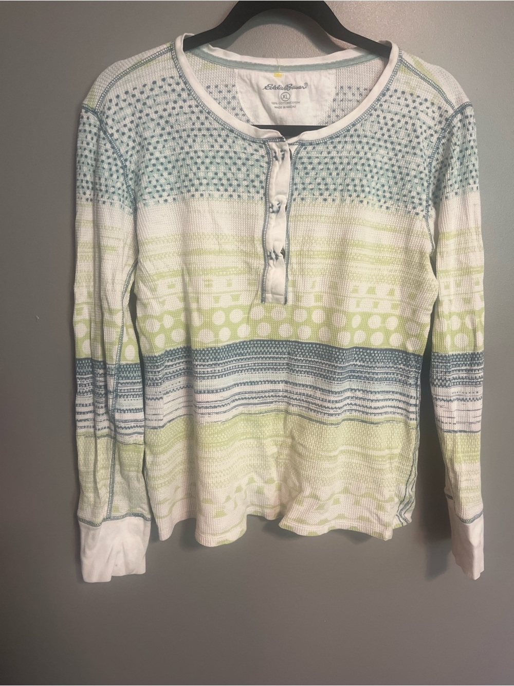 Eddie Bauer Striped Henley Sweater in Light Green and Light Blue
